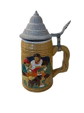 Vintage German Beer Stein Lidded Ceramic Stein Embossed Relief Drinker Scene Pew